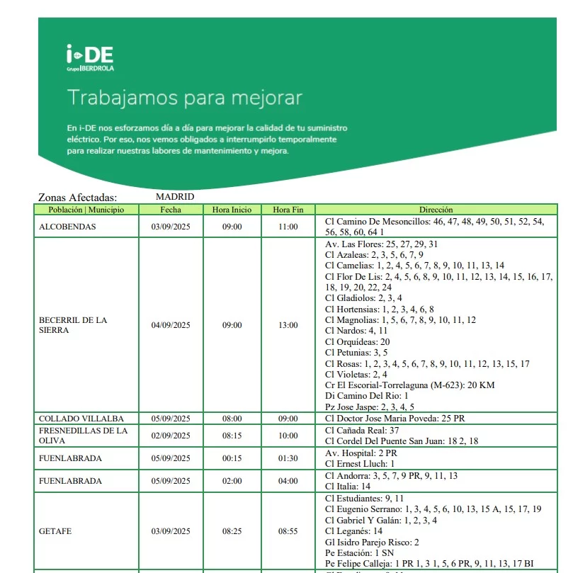 Iberdrola confirma cortes de luz en Alcobendas este miércoles 3 de septiembre 2 Iberdrola confirma cortes de luz en Alcobendas este miércoles 3 de septiembre
