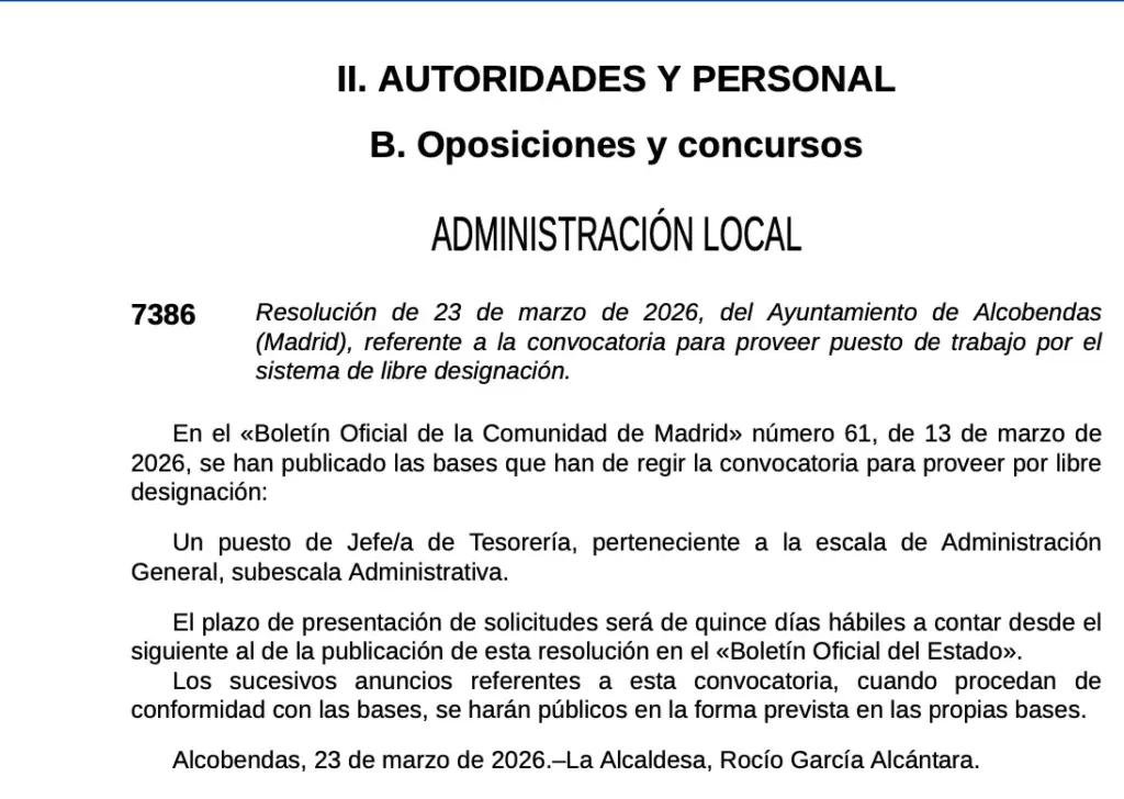 El BOE revela un puesto clave en Alcobendas: así se elegirá al nuevo jefe de Tesorería 1 Captura de Pantalla 2026 04 07 a las 16.46.53