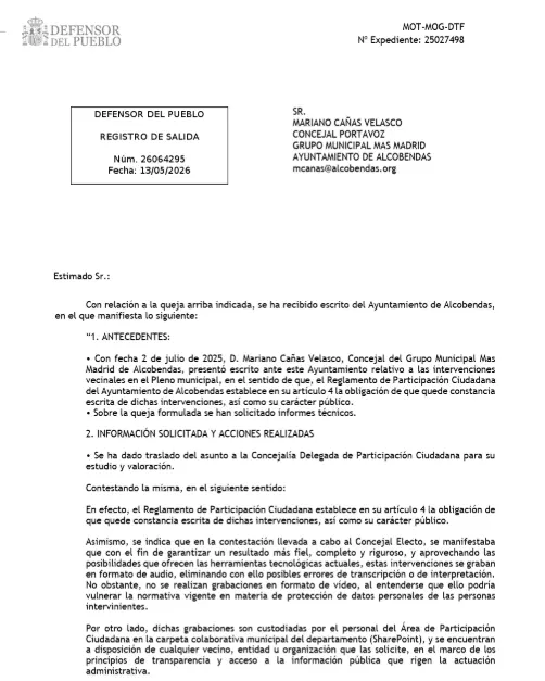 El Defensor del Pueblo incluye al Ayuntamiento de Alcobendas en su informe anual por incumplimiento normativo 1 defensor del pueblo mas madrid