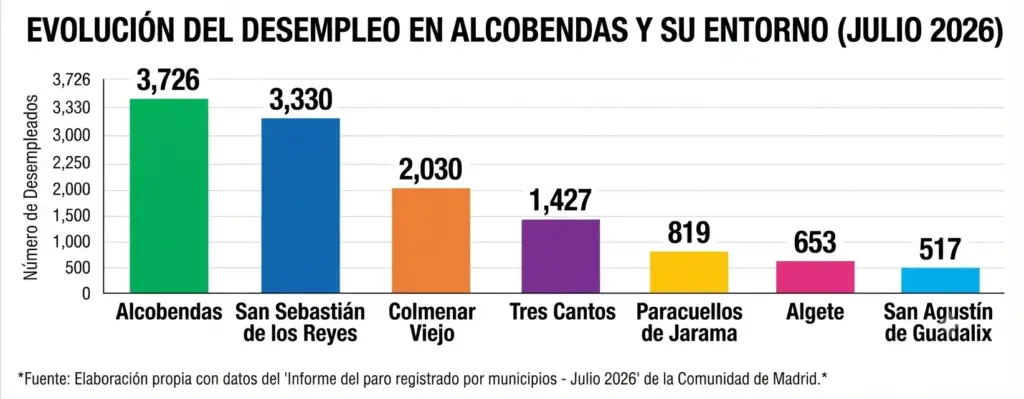 El paro repunta en Alcobendas en julio, pero sigue mostrando un mejor comportamiento que la mayoría de grandes municipios del norte de Madrid 2 Gráfico paro julio alcobendas