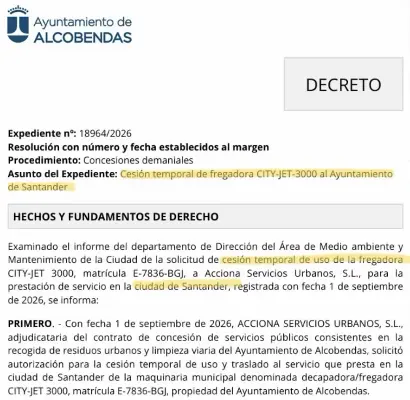Cuestionan la cesión de una fregadora municipal a Santander en plena crisis de limpieza en Alcobendas 1 decreto